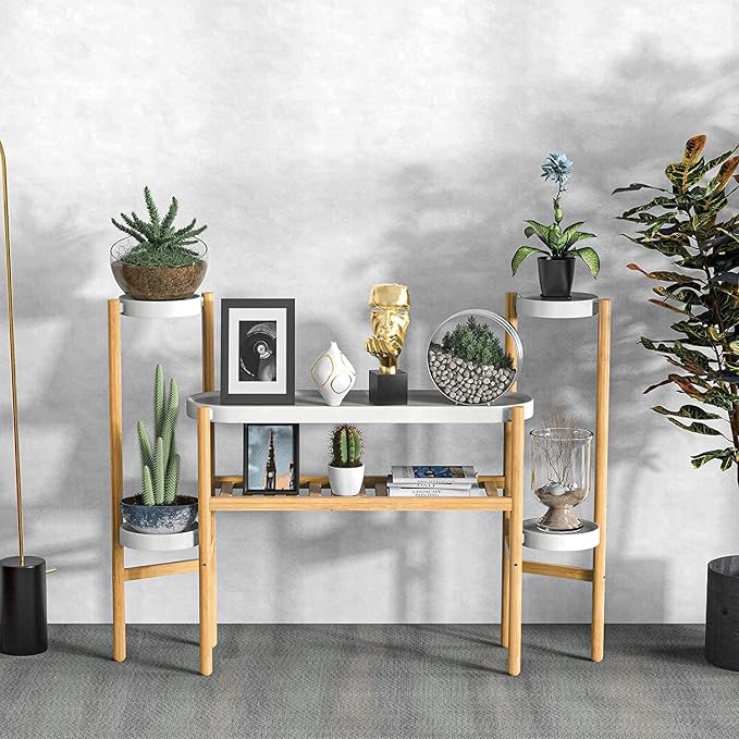 Wisuce Bamboo Plant Shelf Indoor, 3 Tier Tall Corner Plant Shelves Holder & Plant Display Rack for Outdoor Garden Indoor Home