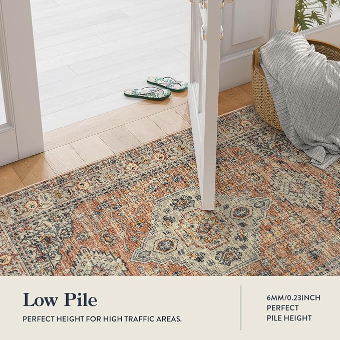 Lahome Oriental Washable Rugs 8x10, Non-Slip Soft 8x10 Rugs for Living Room Bedroom, Stain Resistant Ultra-Thin Vintage Accent Carpet for Dining Room Office, Peach/Orange