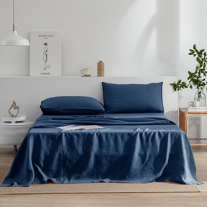 EVERLY Linen Sheets Set Twin Size,100% French Stonewash Pure Linen Sheets Set,3Pieces (1Flat Sheet,1Fitted Sheet,1Pillowcase) Suitable for Hot Sleepers,Deep Pocket Bedding Set-Navy Blue
