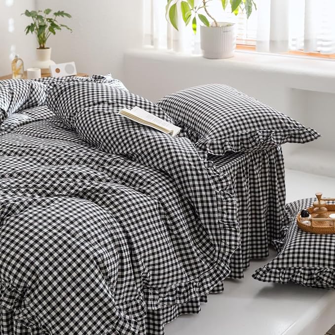 mixinni Black White Gingham Ruffle Duvet Cover Full Size 3 Pieces – 100% Washed Cotton, Vintage Plaid Ruffled Bedding Set with Zipper Ties, Soft Checkered Grid Farmhouse Chic Comforter Cover Set