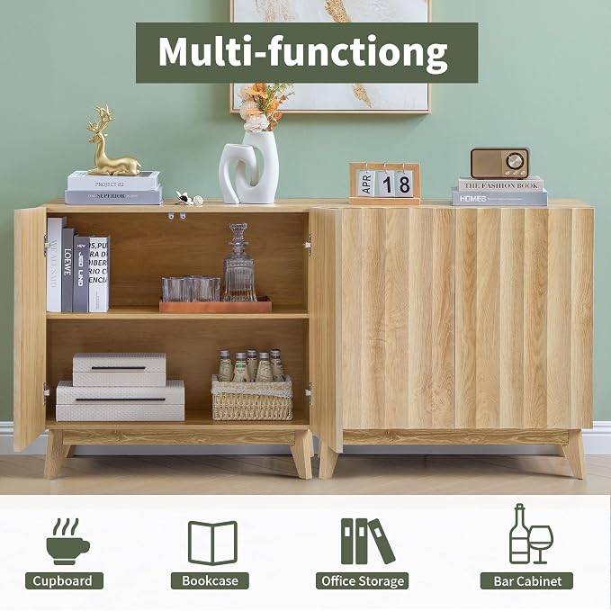 Bifins Sideboard Buffet Cabinet with Storage Set of 3, 92.1" Mid Century Modern Fluted Storage Cabinet with Doors & Adjustable Shelves for Living Room,Kitchen,Entryway (Natural 3pcs)