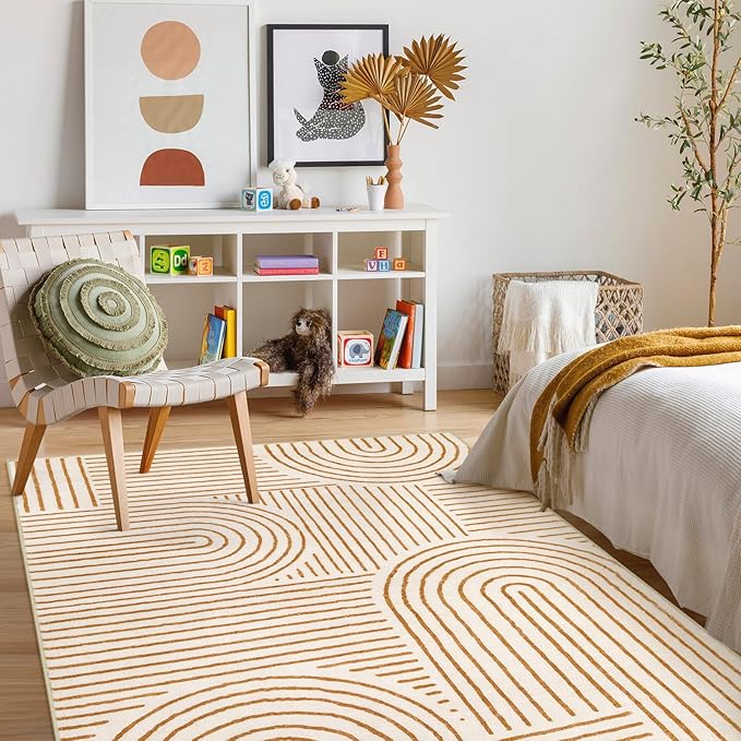Lahome Abstract Washable Rugs 5x7, Non Slip Soft Living Room Rugs Ultra-Thin Rainbow Bedroom Rug, Non Skid Rug Backing Accent Carpet for Dining Room Office Darrell (5'x7',Orange)