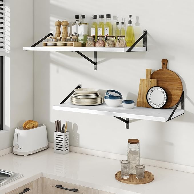 Floating Shelves, 12 Inch Deep Rustic Wood Wall Storage, 24W x 12D Wall Shelves Set of 2, Heavy Duty Metal Brackets, Large Industrial Book Shelf for Living Room, Kitchen, Bedroom, White