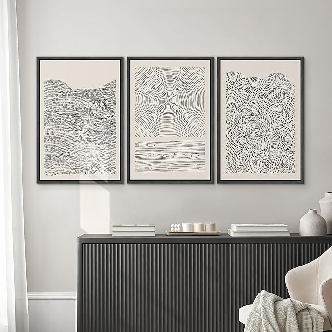SIGNWIN Framed Canvas Print Wall Art Set Geometric Spiral Ring Wave Pattern Abstract Shapes Cozy Neutral Modern Art Decorative Contemporary Minimal for Living Room, Bedroom, Office - 16"x24"x3 Black