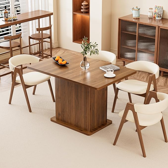 Extendable Kitchen Dining Table for 4-6, 47-65 Inch Rectangle Dining Room Table with 2 Doors, Large Storage, Mid Century Modern Dinner Furniture, Living Room, Space Saving, Square, Fluted, Walnut