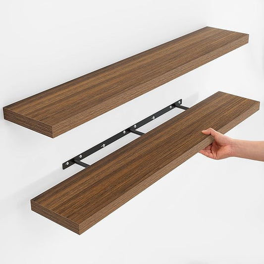 Fun Memories Rustic Wood Floating Shelves for Wall, Space-Saving Wall Mounted Shelves for Bathroom, Bedroom, Living Room and Kitchen, Stylish Storage & Display (Set of 2, Walnut, 48 in)