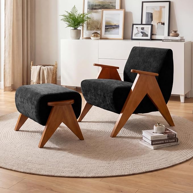 Linen Padded footstools Mid Century Modern Ottoman with Wood Frame, Lounge Upholstered Ottoman, Reading Chair, Sturdy Base, Suitable for Resting Your feet on a Lounge Chair Black