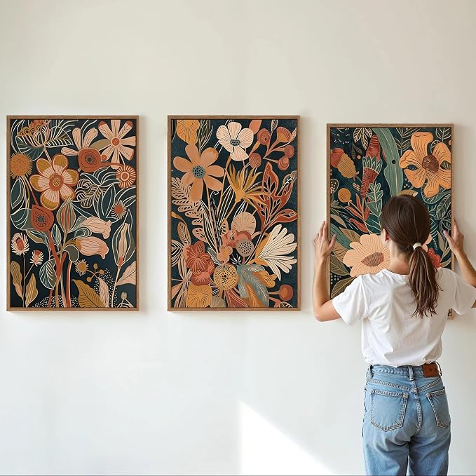 Tinonedraw Burnt Orange Floral Framed Canvas Wall Art Set of 3, Boho Chic Flower Artwork, Mid Century Modern Wall Decor, Colorful Neutral Botanical Art Prints for Bedroom Living Room Office 24"x36"