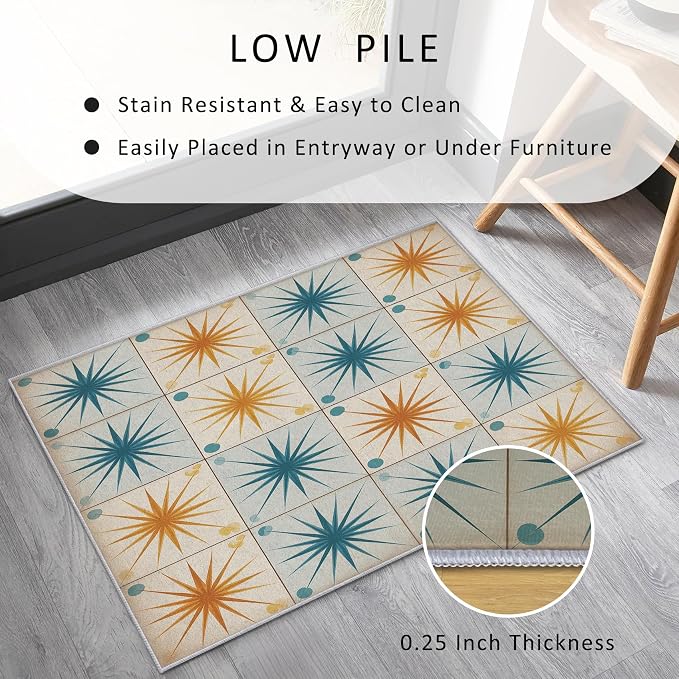 Starburst Rug 3x5 Mid Century Atomic Checkboard Distressed Pattern Area Rugs for Living Room, Bedroom, Starburst Home Decor Accessories Indoor Carpet, Non Slip & Machine Washable