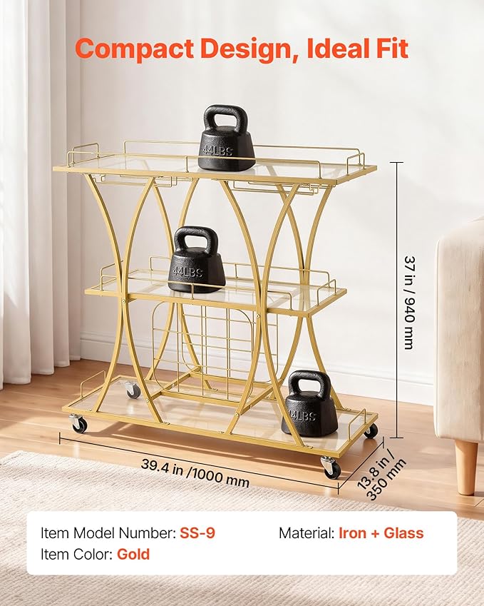 VEVOR Bar Cart, 3 Tiers Home Kitchen Serving Carts, Modern Rolling Utility Station on Wheels, Drink Beverage Trolley with Tempered Glass Shelves, Wine Rack, Glass Holder, for Living Dining Room, Gold