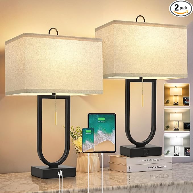 24'' Table Lamps Set of 2 - Desk Lamp & Bedside Lamp, Adjustable Color Temperature, USB C+A Ports, Modern Nightstand Lamps for Bedroom, Living Room, Home Office, Pull Chain Switch( Includes Bulbs)