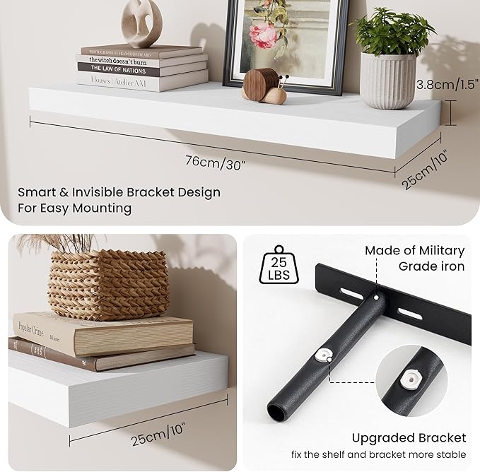Fun Memories Floating Shelves for Wall, 30 Inch Long Floating Shelves Set of 2, 30 x 10 Wooden Shelves for Wall, Large Storage Shelves, Hanging Shelves for Bathroom Kitchen Bedroom, White