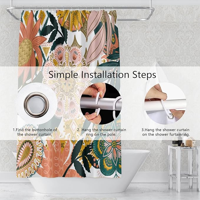 Bohemian Floral Bathroom Shower Curtain Boho Abstract Tropical Leaves Flowers with Hooks Polyester Waterproof Fabric Paisley Unique Trendy Woman Decor, 69x70 Inch