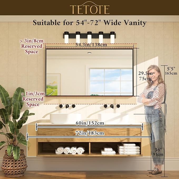 TETOTE Brushed Nickel Mirror 55" x 30" Beveled Framed Bathroom Vanity Wall Mirror for Over Sink Brushed Nickel, Tempered Glass, Modern Farmhouse Bedroom, Entryway, Living Room