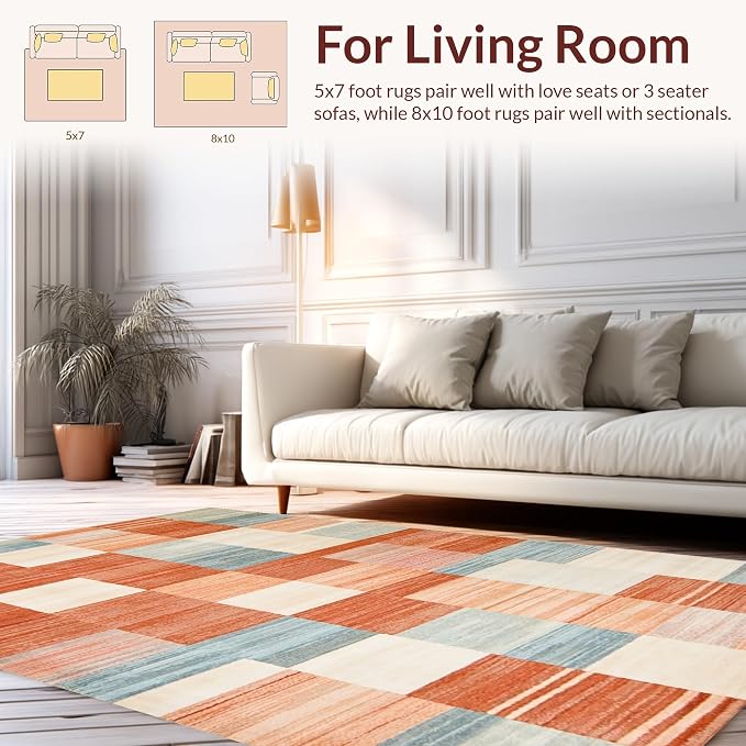 Flatwoven High Traffic Area Rug 5x7, Eclectic Layered Geometric, Non Slip, Stain Resistant, Washable Area Rugs for Living Room, Bedroom (Orange, 5x7)