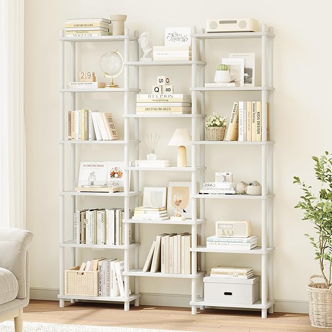 IOTXY Wooden Triple Wide Bookshelf - 6-Tier Large Shelf Bookcase with Solid Beech Frame, Tall Freestanding Open Etagere Display Rack for Home Office, White