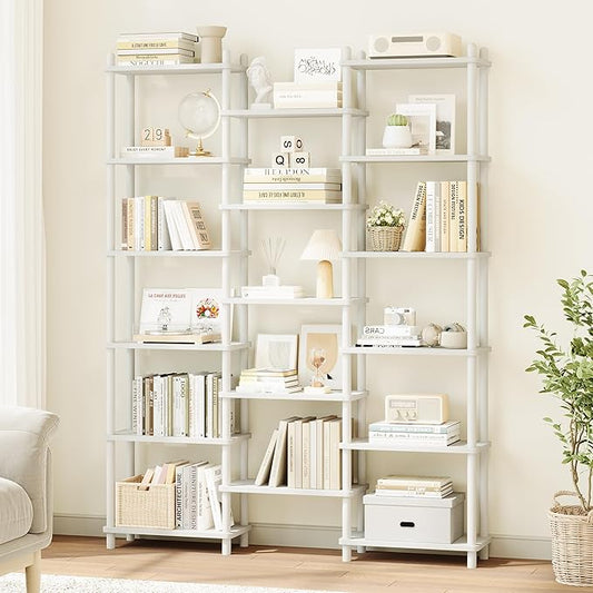 IOTXY Wooden Triple Wide Bookshelf - 6-Tier Large Shelf Bookcase with Solid Beech Frame, Tall Freestanding Open Etagere Display Rack for Home Office, White
