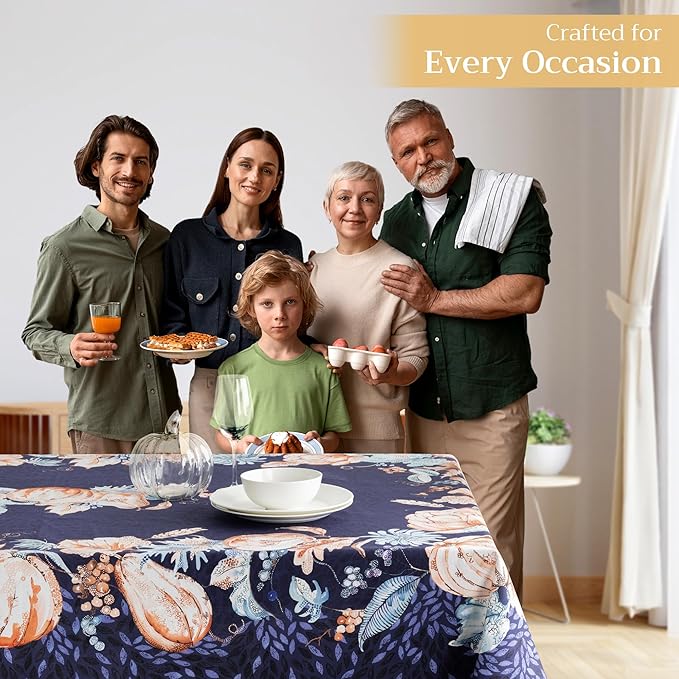 Maison d' Hermine Table Cloth Rectangle Table 100% Cotton 60 x 120 Inches Fall Tablecloth Reusable Everyday Use for Thanksgiving Christmas Decorations Dining Farmhouse Party (Pumpkin Blues)