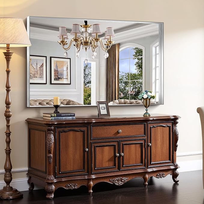 CIRCUMI Silver Bathroom Mirror, 36"x60" Rectangular Mirror with Deep Metal Frame, Brushed Finish, Tempered Glass, Large Mirror for Wall, Over 2 Sinks, Installed Vertically/Horizontally, Crystal-Clear