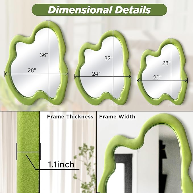 Irregular Wall Mirror, 28"x 36" Green Wavy Mirror, Flannel Wrapped Wooden Frame Asymmetrical Decorative Mirrors, Modern Wall Mirror for Bedroom Living Room Entryway