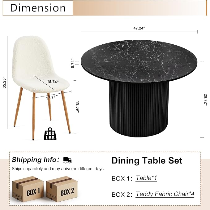 Dining Table Set for 4, Mid Century Modern 47 Inch Black Marble-Look Wooden Round Dining Table Set, Space Saving (Table + 4 White Chairs)