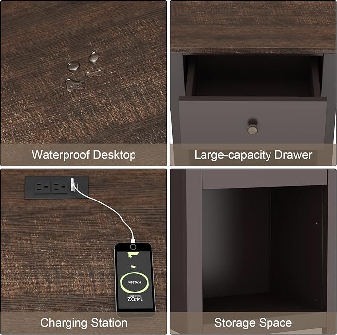 ChooChoo Nightstand with Charging Station, Wooden Top Bedside Table with Drawer and Storage Space for Bedroom, Espresso