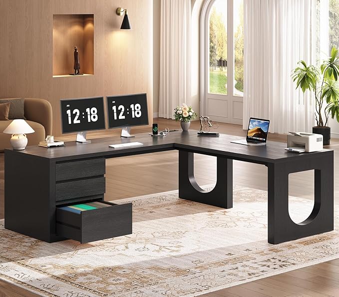 SEDETA 63" L Shaped Desk with 3 Drawers, Modern Executive Office Desk with File Drawer, Wood Corner Computer Desk with U-Shaped Legs & Relief Texture, Home Office Desk with Power Outlet, Black