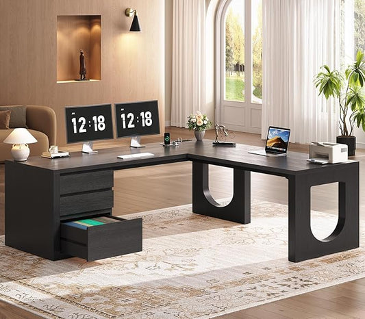 SEDETA 63" L Shaped Desk with 3 Drawers, Modern Executive Office Desk with File Drawer, Wood Corner Computer Desk with U-Shaped Legs & Relief Texture, Home Office Desk with Power Outlet, Black