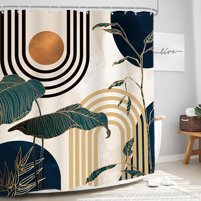 Glawry Blue Abstract Mid Century Shower Curtain Boho Retro Tropical Palm Tree Sun Arch Modern Bathroom Aesthetic Geometric 60Wx72L Inches Bath Accessories Art Home Decor Fabric 12 Pack Hooks