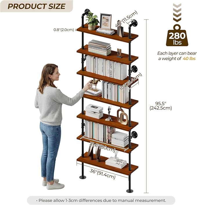 7 Tier Industrial Ladder Shelf Bookcase, Wall Mounted Rustic Bookshelf for Living Room Decor and Storage (Walnut Color, 7 Tier - 10" D x 36" W x 95.5" H)