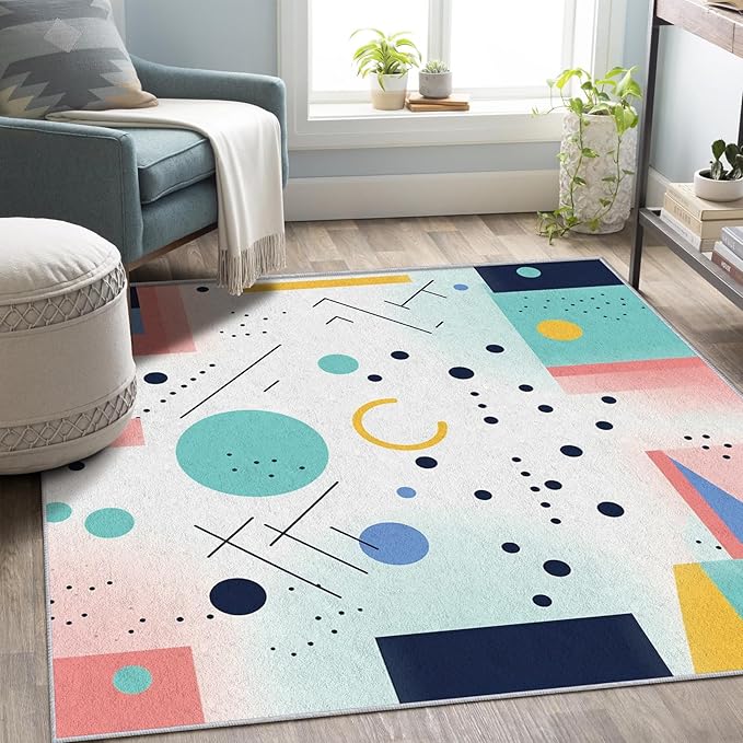 50s Rugs for Living Room 6x9, Mid Century Retro Geometric Abstract Modern Colorful Pattern Design Area Rug, 50s Bedroom Decor Carpet, Non Slip, Washable (RG688)