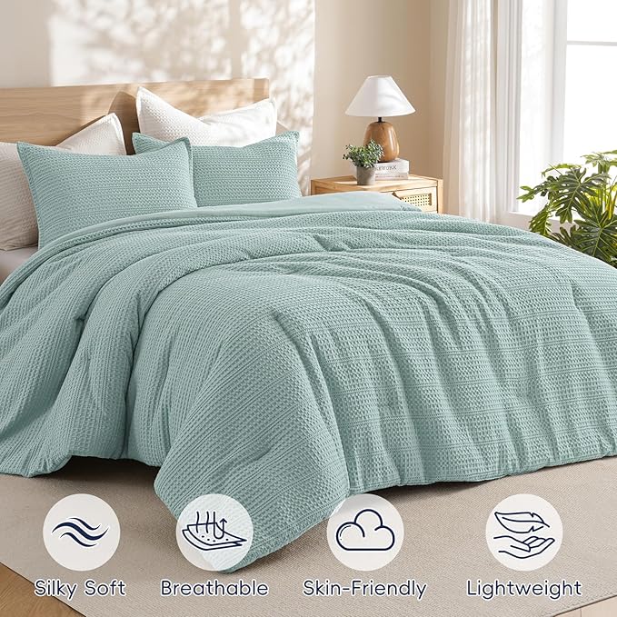 PHF Soft Waffle Comforter Set King Size- Comfy Breathable Waffle Weave Comforter with 2 Pillow Shams, 3 Pieces Less Snagging Lightweight Textured Bedding Set for All Season, Aqua