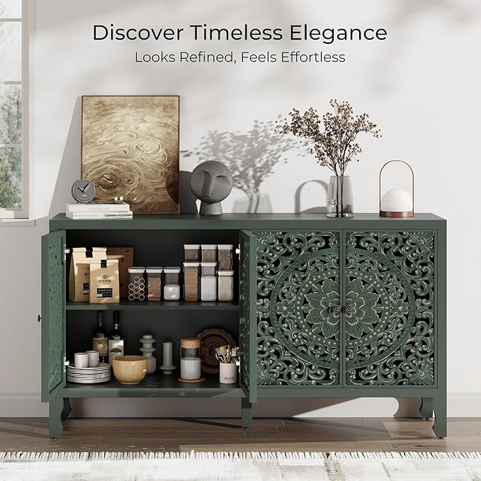 Buffet Cabinet with Storage, Accent Cabinet with 4 Carved Doors, Solid Wood Sideboard with Adjustable Shelf, Vintage Cabinets for Kitchen, Living Room, Entryway, Green