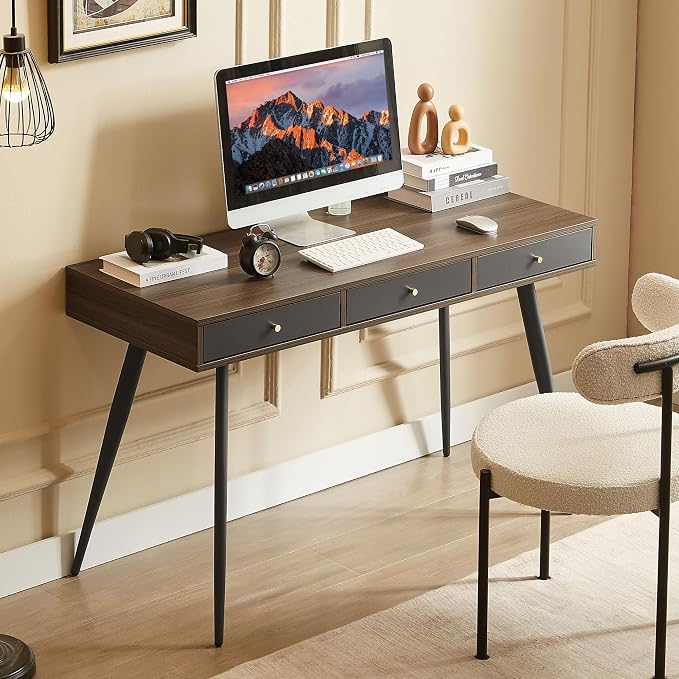 KEVINSPACE Mid Century Desk with Drawers, 47" Modern Home OfficeDesk, Writing StudyDesk ComputerDesk with Metal Legs & 3 Drawers, Multipurpose Vanity TableDesk for Bedroom Office, Walnut&Grey