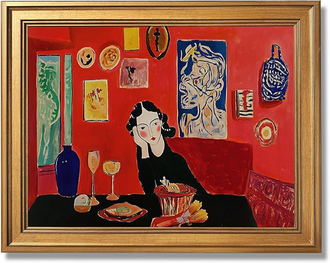 Gold Framed Modern Abstract Woman Wall Art Vintage Mid Century Home Lady Red Poster Colorful Expressionist Feminist Girl Canvas Painting Print Gallery Bedroom Wall Decor 16x24inch