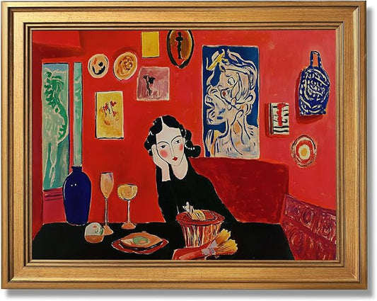Gold Framed Modern Abstract Woman Wall Art Vintage Mid Century Home Lady Red Poster Colorful Expressionist Feminist Girl Canvas Painting Print Gallery Bedroom Wall Decor 20x30inch