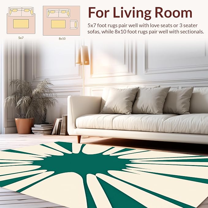 Flatwoven Area Rug 6x9 ft, Retro Sunburst Starburst Mid Century Modern Accent Design, Non Slip, Stain Resistant, Washable High Traffic Area Rugs for Living Room, Bedroom Decor
