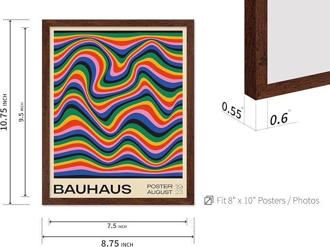 Poster Master Bauhaus Poster - Psychedelic Waves Print - Abstract ART - Rainbow ART - Groovy Style - Chic Boho - Mid Century Modern - Living Room or Bedroom Wall Decor - 8x10 Brown Framed