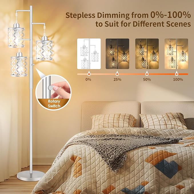 Dimmable Floor Lamp, Farmhouse Standing Lamp with Elegant Metal Cage, Industrial Tall Tree Floor Lamps for Living Room, Bedroom, Study Room, Office, 3 x 800LM LED Bulbs Included, 72",Silver