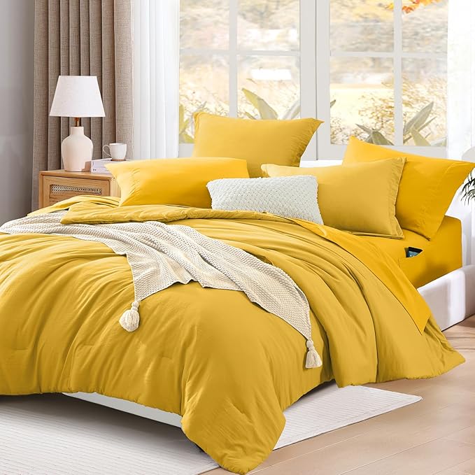 WRENSONGE King Size Comforter Set- 7 Pieces Soft Yellow Bed in a Bag with Fitted Sheet, Flat Sheet 2 Pillow Shams, and 2 Pillowcases- King Bedding Set for All Season