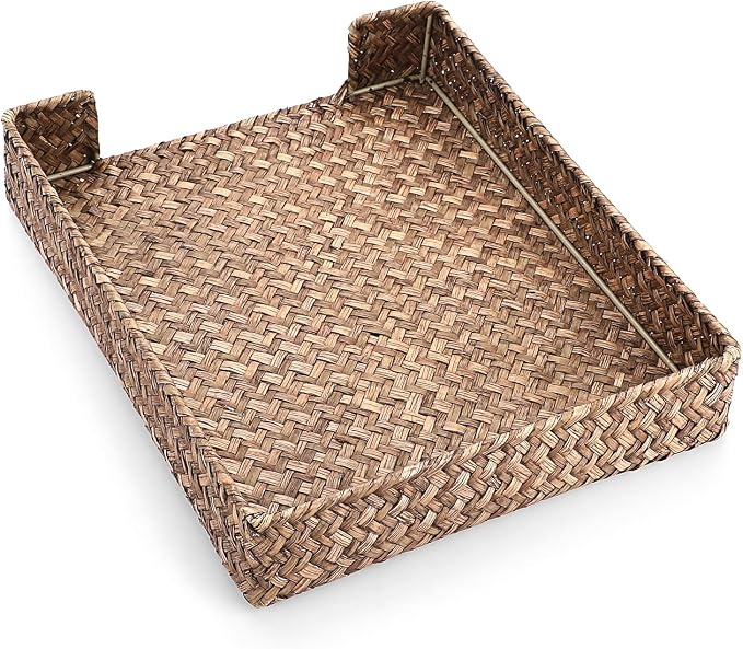 BTSKY Multipurpose A4 File Tray Natural Seagrass Desk Tray Organizer Woven Letter Size Desk Documents Trays Magazine Files Storage Basket Organizer Bin for Office Cosmetics Bathroom, Coffee