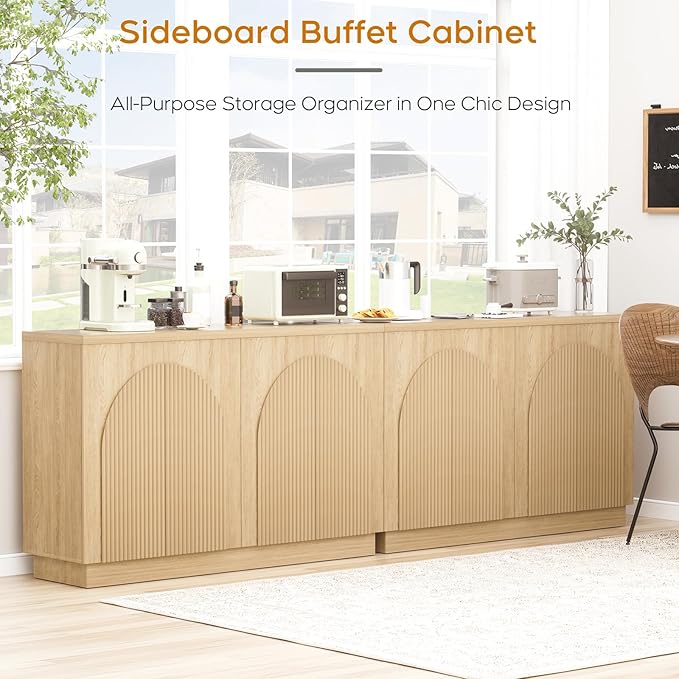 Yechen Accent Fluted Sideboard Buffet Cabinet with Arched Reeded Design Doors, Mid Century Modern Credenza Storage Cabinet with 2 Adjustable Shelves, Media Console Table, For Living Room Dinning(2PCS)