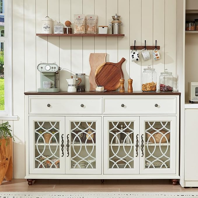 Farmhouse Sideboard Buffet Cabinet with Storage,59" Large Credenza with 4 Glass Doors & 2 Drawers, Wood Kitchen Coffee Bar, Adjustable Shelves Console Table for Dining Room,Living Room,White