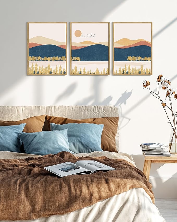 KUVIOKE Bohemain Mountain Landscape Framed Canvas Wall Art Watercolor Nature Artwork Painting Boho Farmhouse Rustic Room Decor for Bedroom Living Room 12x16in (Natural Framed)