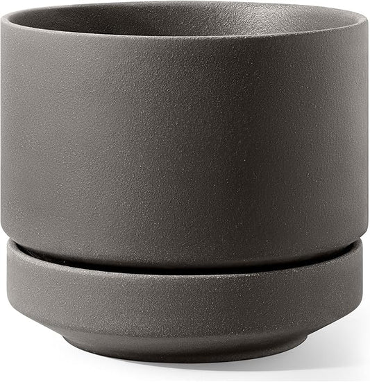 LE TAUCI 12 Inch Pot for Plants with Saucer, Ceramic Indoor Planter Pot with Drainage Hole, Mesh Pad & Plug Included, Unglazed Porous Ceramic, Modern for Home and Office, Charcoal Gray