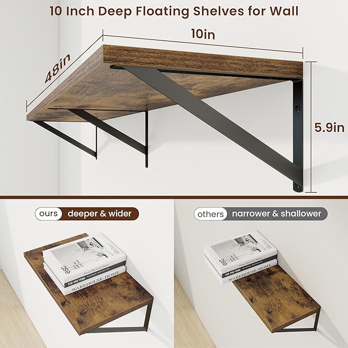 Axeman 48 Inch Floating Shelves | 10 Inch Deep Brown Wall Shelves Set of 2 | 48" W x 10" D Rustic Brown Floating Shelves for Living Room Bathroom Kitchen