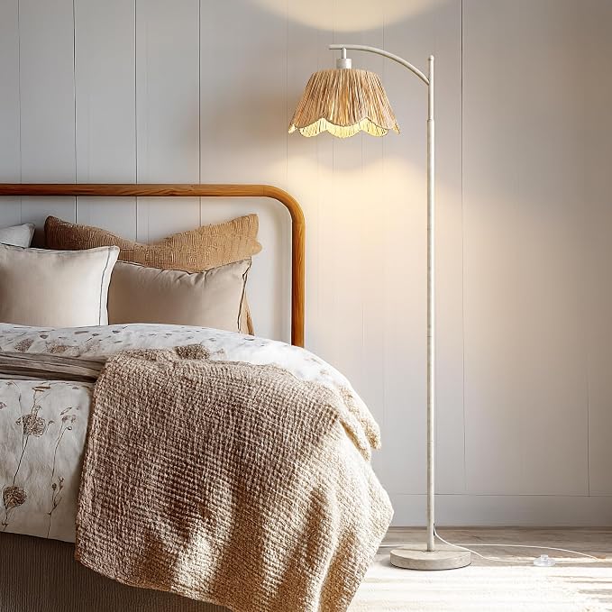 Oneach Rattan Floor Lamp for Living Room with 3 Color Temperatures, Boho Floor Lamp for Bedroom with Remote & Dimmable Bulb, Farmhouse Standing Lamp for Reading, Antique White