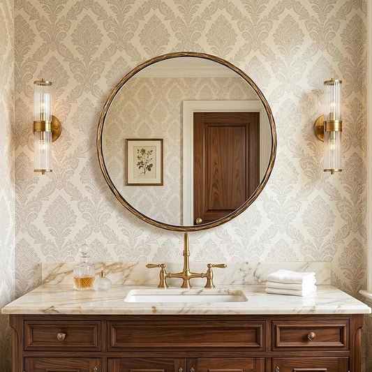 ANDY STAR 28 Inch Hand-Forged Gold Mirrors, Antique Brass Round Hammered Mirror for Bathroom Over Sink, Living Room, Entryway, Vintage, Farmhouse, Rustic, Solid Steel Frame