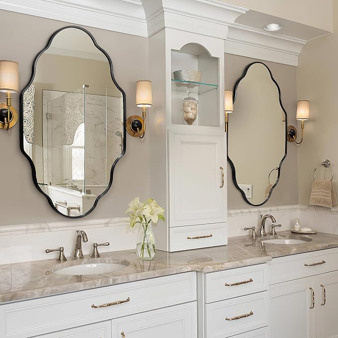 Scalloped Mirror for Bathroom - 26"x46" Black Bathroom Mirror with Aviation Aluminum Alloy Frame & Shatter-Proof Glass for Living Room Bedroom Entryway, Brushed Black Frame(x1)