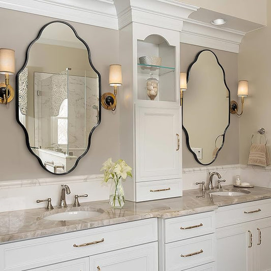 Scalloped Mirror for Bathroom - 20"x36" Black Bathroom Mirror with Aviation Aluminum Alloy Frame & Shatter-Proof Glass for Living Room Bedroom Entryway, Brushed Black Frame